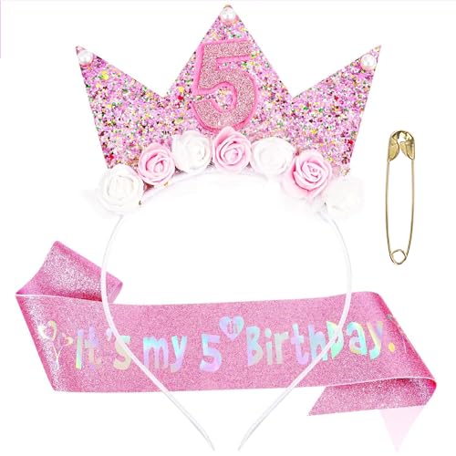 GWAWG 2 Stück 3-6 Jahr Geburtstagskrone Krone Geburtstag Mädchen Geburtstags Krone Stirnband mit Rose Blumen Geburtstagsgürtel Mädchen für Mädchens Frauen Geburtstags Weihnachten Party (rosa-5) von GWAWG