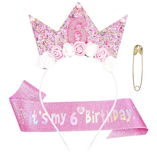 GWAWG 2 Stück 3-6 Jahr Geburtstagskrone Krone Geburtstag Mädchen Geburtstags Krone Stirnband mit Rose Blumen Geburtstagsgürtel Mädchen für Mädchens Frauen Geburtstags Weihnachten Party (rosa-6) von GWAWG