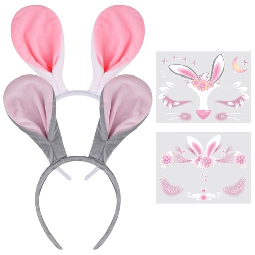 GWAWG 2 Stück Hasenohr Kopfband, Niedliches Plüsch-Hasenohr Stirnband, Kaninchen Kostüm Zubehör mit 2 Gesichtstattoos (Grau & Rosa) für Karneval, Halloween und Ostern von GWAWG