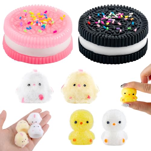 GWAWG 2 Stück Keks Anti-Stress-Spielzeug und 4 Mini Hühchen, Squishy Yoyo, Soft Squeeze Biscuit Toys für Kinder Erwachsene, Autismus Montessori, Kuscheltiere, Mochi-Textur, Angstlösend von GWAWG