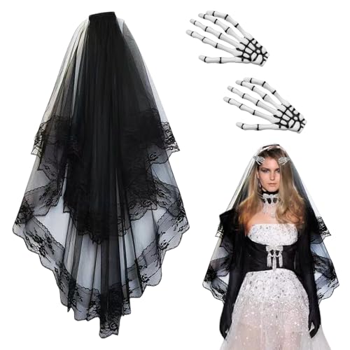 GWAWG 3 schwarze Schleier für Bräute mit Hand und Knochen, Haarclip, Spitzen-Kopfband, Gothic, Halloween, Geist, Braut, Cosplay, kreatives Kostüm, für Karneval, Maskerade von GWAWG