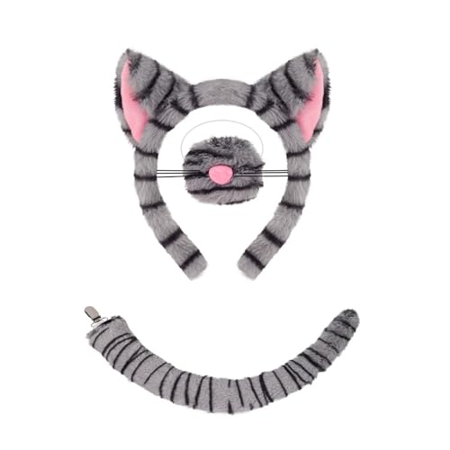 GWAWG 3-teiliges Katzen-Kostümzubehör mit grauem Katzen-Kopfband, vielseitiges Rollenspiel-Set, niedliches Katzenkostüm für den Welttag des Buches, Cosplay, Halloween-Kleid von GWAWG