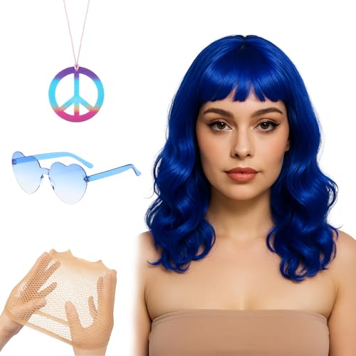 GWAWG 4 Stück Blaue Perücke, Herz Sonnenbrille, Haarnetz & Peace Necklace | Neon Bob Perücke Haarteile Damen für Karneval, Fasching, Halloween, Motto 80er Party, Cosplay, Mottoveranstaltungen GWAWG 4 Stück Blaue Perücke, Herz Sonnenbrille, Haarnetz & Peace Necklace | Neon Bob Perücke Haarteile Damen für Karneval, Fasching, Halloween, Motto 80er Party, Cosplay, Mottoveranstaltungen von GWAWG