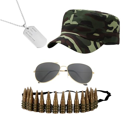 GWAWG 4-teiliges Armee-Kostüm-Zubehör-Set, Hut, Kugelgürtel, Sonnenbrille und Hundemarken-Halskette, Halloween-Armee-Kostüm für Erwachsene, Cosplay, Halloween, Mottoparty, Rollenspiele von GWAWG