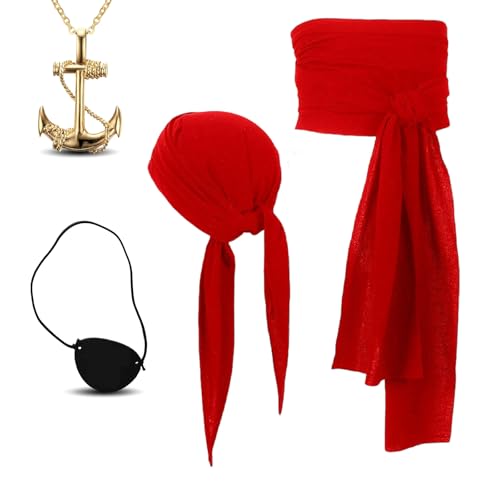 GWAWG 4-teiliges Piraten-Kostüm-Set, Captain Pirat Zubehör mit Red Pirat Bandana Gürtel, Red Pirat Bandana Gürtel, komplettes Set Piraten-Zubehör für Damen und Herren GWAWG 4-teiliges Piraten-Kostüm-Set, Captain Pirat Zubehör mit Red Pirat Bandana Gürtel, Red Pirat Bandana Gürtel, komplettes Set Piraten-Zubehör für Damen und Herren von GWAWG