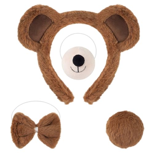 GWAWG 4-teiliges Set Süße Ohren Stirnband Bär Stirnband Nase Fliege Schwänze Zubehör Niedlich Bär Kinder Erwachsene Halloween Karneval Weltbuch Tag von GWAWG