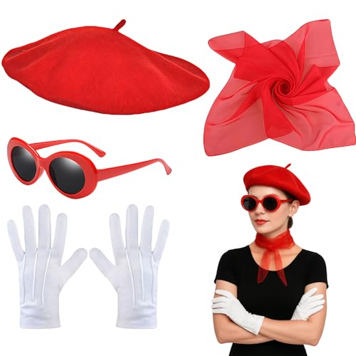 GWAWG 4-teiliges französisches Damen-Set, rot, Barett, Schal, Sonnenbrille, Handschuhe, Fancy Dress Kostüm, Zubehör, französische Künstler, für Mädchen, Cosplay, Party von GWAWG