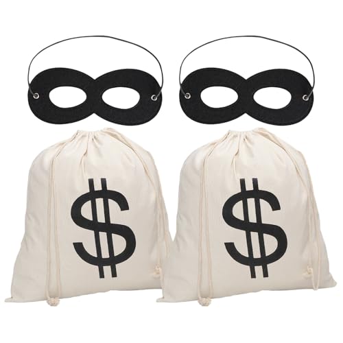 GWAWG 4 x Geldbeutel mit Dollar-Symbol, Bankaufstasche, weiß mit schwarzer Maske, Stoffbeutel, Münzbeutel, Kostüm-Zubehör, Dieb, Karneval, Halloween, Cosplay von GWAWG