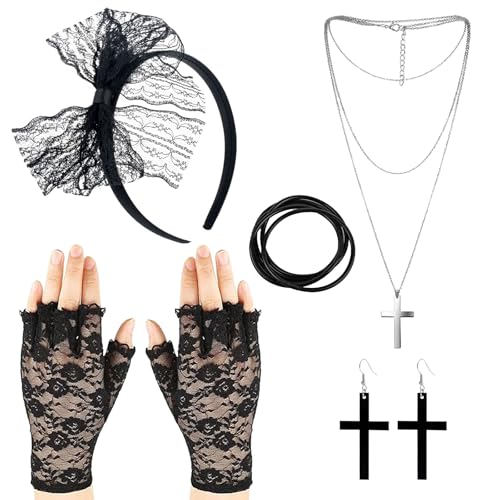 GWAWG 5 Stück Damen 80er Jahre Accessoires,Damen Spitzen Stirnband Ohrringe,Haarschmuck aus Spitze,Vintage Ohrring mit Kreuz,Netzhandschuhe,schwarze Beinstulpen,Halskette mit Kreuz für Party Karneval von GWAWG
