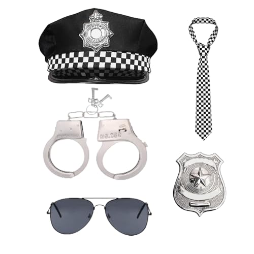 GWAWG 5pc Police Costume for Children, Adults Including Police Hat, Black Sunglasses,Checked Fancy Dress Tie, Metal Handcuffs with Keys and Police Badge for Carnival Detective Dress Ups Halloween Cos von GWAWG