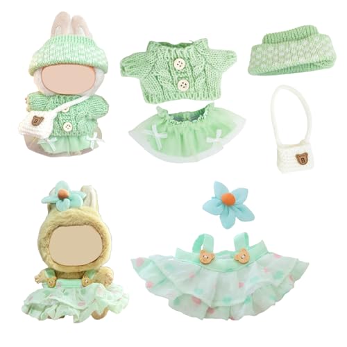 GWAWG 6-Teiliges Frischgrünes Labu Kleidung-Set Für 17cm-Puppen,Das Labu Outfit-Zubehör umfasst Einen Hut,EIN Kopfschmuck,EIN Kleidungsstück,Zwei Prinzessinnenkleider Und Einen Weißen Rucksack von GWAWG