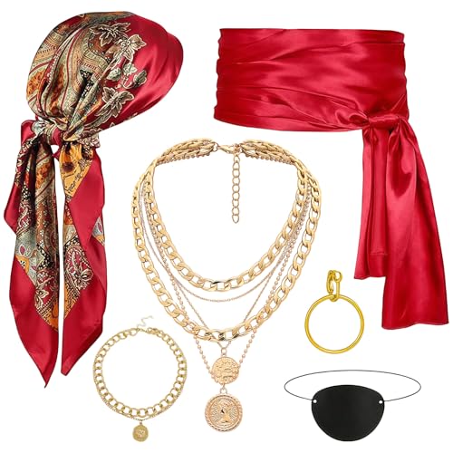 GWAWG 6-teiliges Piratenkostüm Damen Zubehör, Mittelalter Piraten-Kostüm Zubehör mit Kopftuch, Gürtel, Ohrring, Augenklappe, Halskette & Armband für Halloween, Karneval, Cosplay Partys GWAWG 6-teiliges Piratenkostüm Damen Zubehör, Mittelalter Piraten-Kostüm Zubehör mit Kopftuch, Gürtel, Ohrring, Augenklappe, Halskette & Armband für Halloween, Karneval, Cosplay Partys von GWAWG