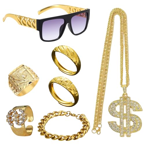 GWAWG 7 x Hip-Hop-Kostüm-Party-Dekorationen, gefälschte Golddollarzeichen-Halskette, Hippie-Ringe, Brille, 90er-Jahre-Kostüm, für Hippie-Rapper, Disco GWAWG 7 x Hip-Hop-Kostüm-Party-Dekorationen, gefälschte Golddollarzeichen-Halskette, Hippie-Ringe, Brille, 90er-Jahre-Kostüm, für Hippie-Rapper, Disco von GWAWG