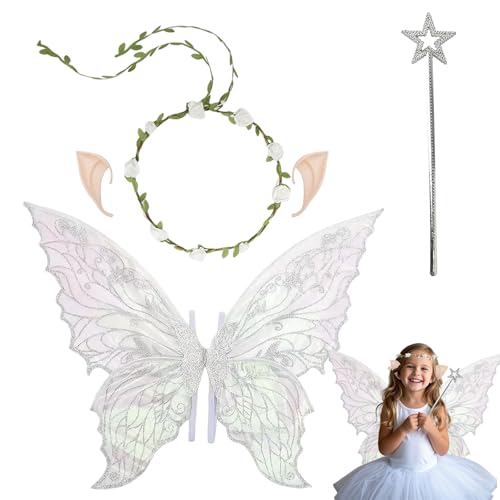 GWAWG Fairy Wings Costume, Fairy Angel Princess Set, Fairy Wings Adults,Elf Wings with Elf Ears, Flower Wreath, Sparkling Angel Wings for Kids, Girls in Carnival, Fancy Dress, Theme Party, Halloween von GWAWG