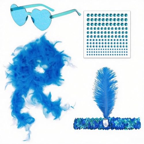 GWAWG Federboa Herz Randlose Sonnenbrille Gesicht Strass und Boa Haarband Basteln Flauschige Federboa Geeignet für weibliche Halloween, Weihnachten, Cosplay, blau, Einheitsgröße (Blue) von GWAWG