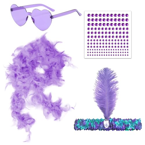 GWAWG Federboa Herz Randlose Sonnenbrille Gesicht Strass und Boa Haarband Basteln Flauschige Federboa Geeignet für weibliche Halloween, Weihnachten, Cosplay, blau, Einheitsgröße (Purple) von GWAWG