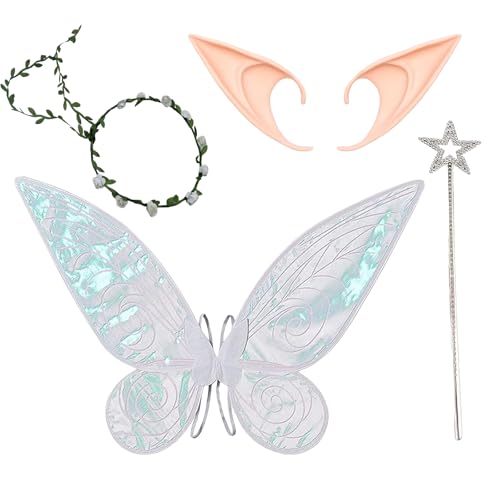 GWAWG Feenflügel für Frauen Mädchen, Glitzernde Schmetterlingsflügel Feenkostüm mit Blumenstirnband Elfenohren Feenzauberstab für Erwachsene Kinder Halloween Weihnachten Verkleidung Geburtstag Party von GWAWG