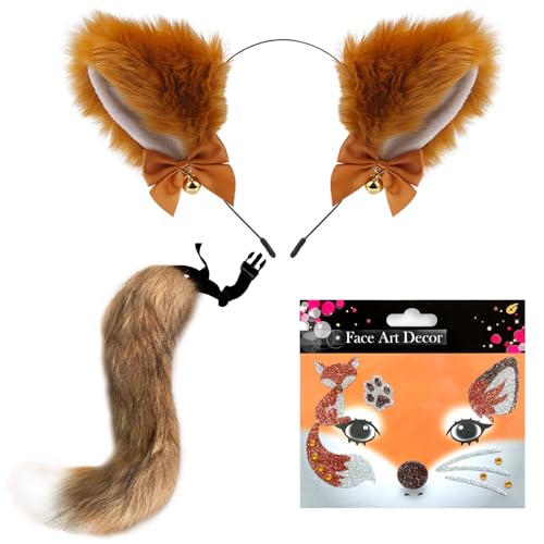 GWAWG Fuchskostüm-Set, Fuchsohren und Schwanz, Tierkostüm, mit Glitzer-Gesicht, für Cosplay, Karneval, Halloween, Karneval GWAWG Fuchskostüm-Set, Fuchsohren und Schwanz, Tierkostüm, mit Glitzer-Gesicht, für Cosplay, Karneval, Halloween, Karneval von GWAWG