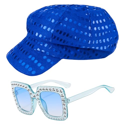GWAWG Glitzer Pailletten Hut Bling Sonnenbrille Set für Frauen Disco 70er Jahre Zubehör Retro Pop Star Kostüm Hut Hippie Vintage Diva Outfit für Geburtstag Halloween Fasching Party Zubehör (Blau) von GWAWG