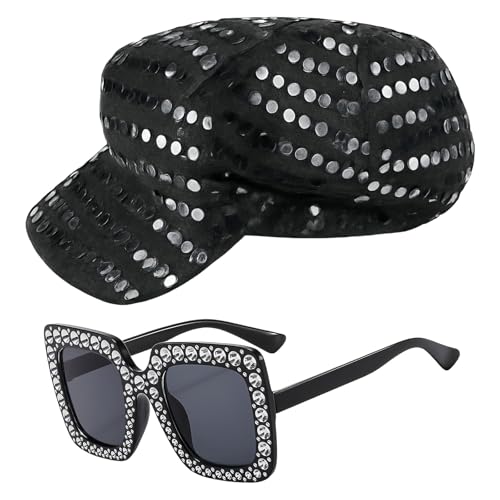 GWAWG Glitzer Pailletten Hut Bling Sonnenbrille Set für Frauen Disco 70er Jahre Zubehör Retro Pop Star Kostüm Hut Hippie Vintage Diva Outfit für Geburtstag Halloween Fasching Party Zubehör (Schwarz) von GWAWG
