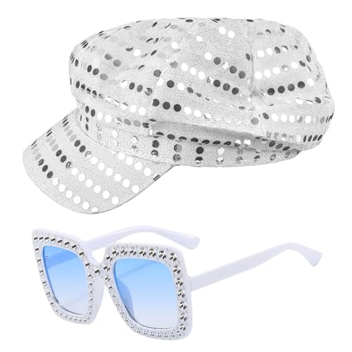 GWAWG Glitzer Pailletten Hut Bling Sonnenbrille Set für Frauen Disco 70er Jahre Zubehör Retro Pop Star Kostüm Hut Hippie Vintage Diva Outfit für Geburtstag Halloween Fasching Party Zubehör (Silber) GWAWG Glitzer Pailletten Hut Bling Sonnenbrille Set für Frauen Disco 70er Jahre Zubehör Retro Pop Star Kostüm Hut Hippie Vintage Diva Outfit für Geburtstag Halloween Fasching Party Zubehör (Silber) von GWAWG