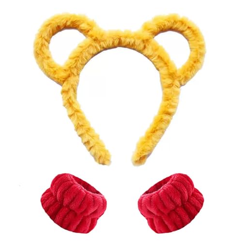 GWAWG Haarband mit Bärenohren, Kostüm, gelb, Stirnband und Handgelenke, Haarreif aus weichem Plüsch mit Bärenohren für Kinder und Erwachsene, realistisches Zubehör für Weihnachten, Halloween, Party, 3 von GWAWG