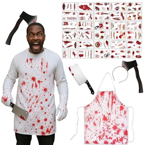 GWAWG Halloween Butcher,Horror Bloody Apron, Hair Accessories, Halloween Scars Accessories with Zombie Scar Tattoos, Adult Male Halloween Costume at Halloween Party GWAWG Halloween Butcher,Horror Bloody Apron, Hair Accessories, Halloween Scars Accessories with Zombie Scar Tattoos, Adult Male Halloween Costume at Halloween Party von GWAWG