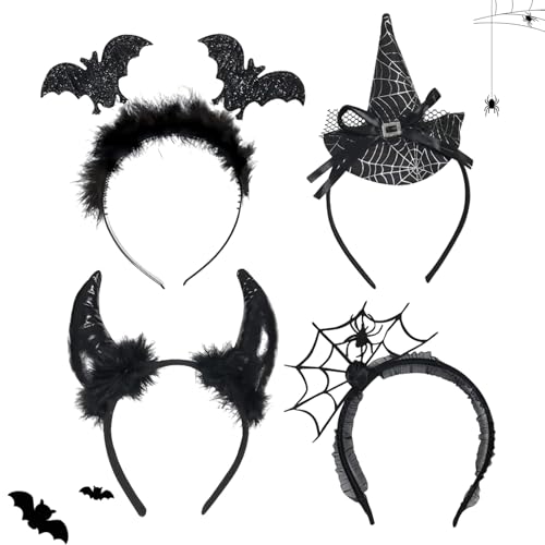 GWAWG Halloween Headbands Witch,Devil Horns Spider,Bat,Headwear for Women, Kids, Adults,Party Favors,Halloween Accessories (4) von GWAWG