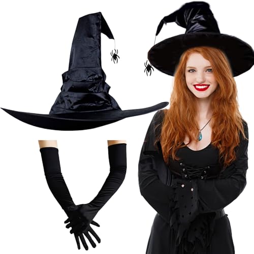 GWAWG Halloween Hexe Kostüm für Frauen Mädchen, große Hexe Hut mit langen Handschuhen, hängende Spinne Design, Fancy Kleid Karneval Halloween Dress Up Maskerade Outfit Kopf Dekor Zubehör von GWAWG