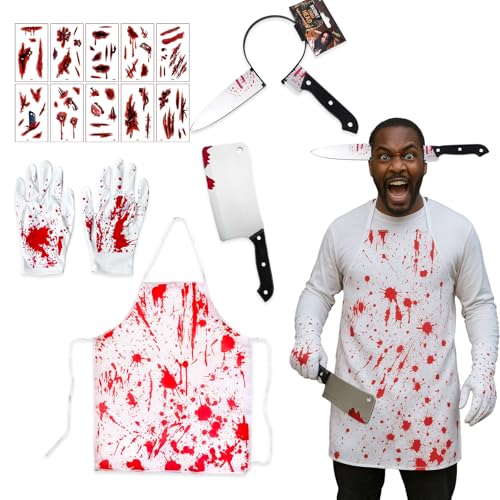 GWAWG Halloween Metzger Kostüm Herren Damen–5 Stück Schlachter Kostüm mit blutiger Schürze Haarreif Messer im Kopf Handschuhen Narben Tattoos–Serienkiller Zombie Horror Outfit Karneval Fasching Party GWAWG Halloween Metzger Kostüm Herren Damen–5 Stück Schlachter Kostüm mit blutiger Schürze Haarreif Messer im Kopf Handschuhen Narben Tattoos–Serienkiller Zombie Horror Outfit Karneval Fasching Party von GWAWG