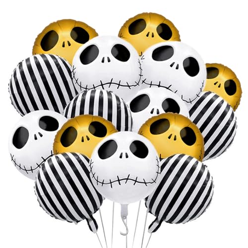 GWAWG Halloween Schädel Ballons Dekorationen, schwarz-weiß gestreifte Mylar Folienballons Weiß-Gold Smiley Gesicht Schädel Jack Albtraum vor Weihnachten für Halloween Weihnachten Party Dekorationen von GWAWG