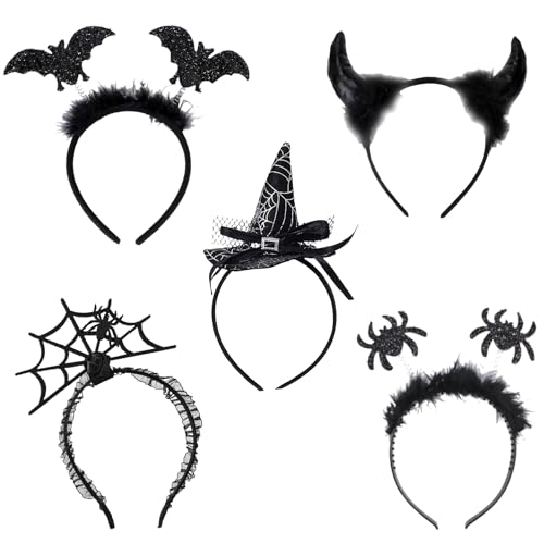 GWAWG Halloween-Stirnbänder, Spinne, Netz, Fledermaus, Hexe, Teufelshörner, Kopfbedeckung für Damen und Mädchen, Kostüm, Karneval, Festival, Feiern, Dekoration, Maskerade, Partyzubehör, 5 Stück von GWAWG
