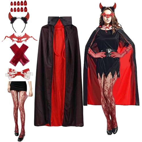 GWAWG Halloween Teufel Kostüm, 140cm langer Mantel mit Maske Horn Handschuh Strümpf Nagel, Halloween Themenparteien Fancy Kleid Outfit für Maskeraden von GWAWG