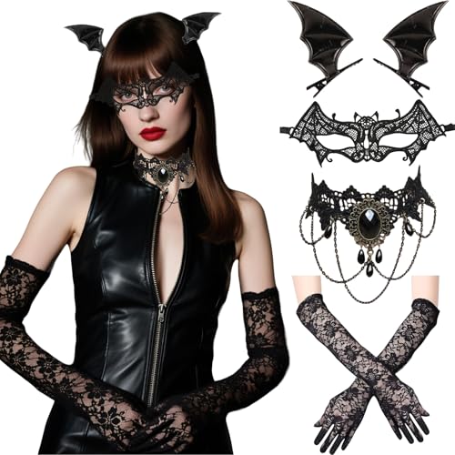 GWAWG Halloween schwarze Spitze Kostüm Sets, Spitze lange Hochzeitshandschuhe Damen Maskerade Maske Elegante Gotische Halskette Fledermaus Haarclip für Frauen Halloween Party Perform Zubehör GWAWG Halloween schwarze Spitze Kostüm Sets, Spitze lange Hochzeitshandschuhe Damen Maskerade Maske Elegante Gotische Halskette Fledermaus Haarclip für Frauen Halloween Party Perform Zubehör von GWAWG