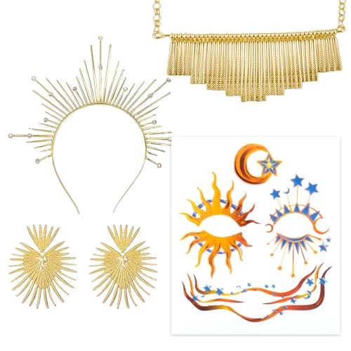 GWAWG 4 tück Halo Crown Barock Kostüm Kopfbekleidung, Sonnengöttin Tiara und Krone Sunburst Kopfband, Gesichtsdekoration, Sonnengöttin Halskette und Ohrring für Cosplay Hochzeitsfest Silvester GWAWG 4 tück Halo Crown Barock Kostüm Kopfbekleidung, Sonnengöttin Tiara und Krone Sunburst Kopfband, Gesichtsdekoration, Sonnengöttin Halskette und Ohrring für Cosplay Hochzeitsfest Silvester von GWAWG