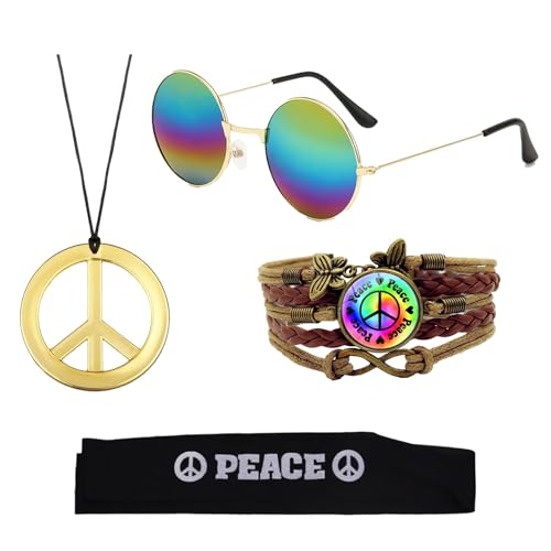 GWAWG Hippie-Kostüm-Sets, 70er-Jahre-Hippie-Zubehör, Vintage-Sonnenbrille, Friedenszeichen, Halskette, Armband, Hip-Hop-Disco-Zubehör für Herren, Halloween, Mottoparty, 4-teilig GWAWG Hippie-Kostüm-Sets, 70er-Jahre-Hippie-Zubehör, Vintage-Sonnenbrille, Friedenszeichen, Halskette, Armband, Hip-Hop-Disco-Zubehör für Herren, Halloween, Mottoparty, 4-teilig von GWAWG