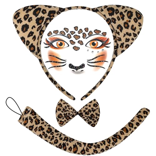GWAWG Leoparden-Kostüm, für Damen, Leoparden-Ohren, widerstandsfähiges Haarband, Leopardenschwanz, Leopardenkrawatte, Gesichts-Tattoo, für Karneval, Halloween, Party, Tiere, Cosplay, Party GWAWG Leoparden-Kostüm, für Damen, Leoparden-Ohren, widerstandsfähiges Haarband, Leopardenschwanz, Leopardenkrawatte, Gesichts-Tattoo, für Karneval, Halloween, Party, Tiere, Cosplay, Party von GWAWG