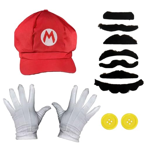 GWAWG Mario Luigi Kostüm-Sets, Mario-Hut, Luigi-Hut, Schnurrbart, weiße Handschuhe, Kostümzubehör, Mario Bros, Verkleidung für Erwachsene, Kinder, Halloween, Karneval, Cosplay, Geburtstagsparty (rot) GWAWG Mario Luigi Kostüm-Sets, Mario-Hut, Luigi-Hut, Schnurrbart, weiße Handschuhe, Kostümzubehör, Mario Bros, Verkleidung für Erwachsene, Kinder, Halloween, Karneval, Cosplay, Geburtstagsparty (rot) von GWAWG