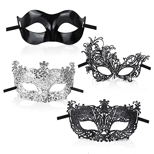 GWAWG Maskerade-Maske, 4 Stück, schwarz, silberfarben, filigran, schwarze Spitze, klassischer Zorro-Stil, sexy venezianische Party-Verkleidung, Zubehör für Männer und Frauen, Paare von GWAWG