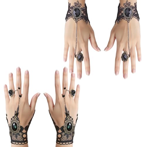 GWAWG Pack of 4 Gothic Charleston Bracelet, Fingerless Gloves, Lace Sleeves, Black Gloves for Carnival, Halloween, Theme Party von GWAWG