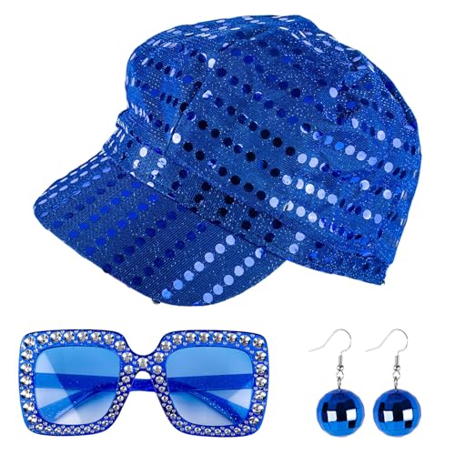 GWAWG Paillettenhut mit Vintage-Disco-Sonnenbrille, Ohrringen, Paillettenhut, Abba-Stil, blauer Glitzer, Abba-Hüte, Kostümzubehör-Set für Erwachsene, Frauen, Motto-Party, Geburtstag, 3 Stück GWAWG Paillettenhut mit Vintage-Disco-Sonnenbrille, Ohrringen, Paillettenhut, Abba-Stil, blauer Glitzer, Abba-Hüte, Kostümzubehör-Set für Erwachsene, Frauen, Motto-Party, Geburtstag, 3 Stück von GWAWG