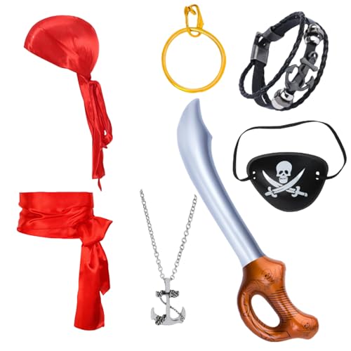 GWAWG Piratenkostüm-Zubehör-Set – 7-teiliges Piratenkostüm für Erwachsene und Kinder mit Augenklappe, Ohrring, Armband, Kopftuch, Gürtel, Halskette, Schwertballon, Halloween von GWAWG