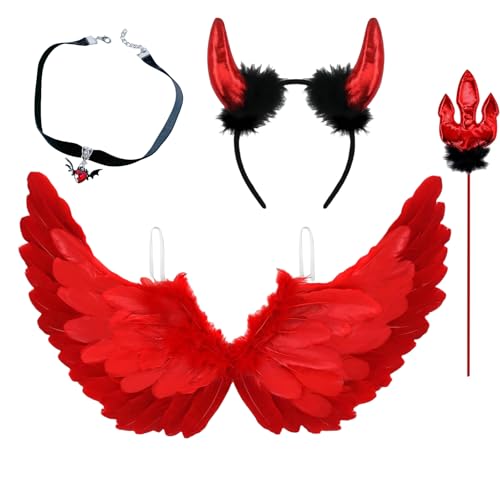 GWAWG Rote Engelsflügel und Teufelshörner mit Zauberstab, Rotes Teufelskostüm mit Dämonenfledermaus Halskette, Gefallene Engelsflügel für Erwachsene Kinder Halloween Fasching Cosplay Party GWAWG Rote Engelsflügel und Teufelshörner mit Zauberstab, Rotes Teufelskostüm mit Dämonenfledermaus Halskette, Gefallene Engelsflügel für Erwachsene Kinder Halloween Fasching Cosplay Party von GWAWG