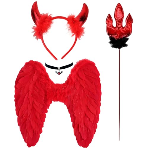 GWAWG Rote Teufelsflügel und Hörner mit Zauberstab und Dämonenfledermaus-Halskette, rote gefallene Engelsflügel, Teufelskostüm, Zubehör für Kinder und Erwachsene, Halloween, Karneval, Cosplay, Party GWAWG Rote Teufelsflügel und Hörner mit Zauberstab und Dämonenfledermaus-Halskette, rote gefallene Engelsflügel, Teufelskostüm, Zubehör für Kinder und Erwachsene, Halloween, Karneval, Cosplay, Party von GWAWG
