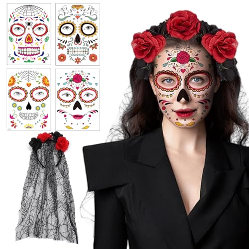 GWAWG Serre-Tête Halloween avec Voilette Noire & Roses Gothiques + 5 Autocollants Visage - Accessoire Jour des Morts, Déguisement Mexicain Effrayant Chic von GWAWG