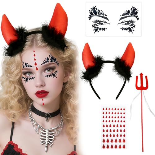 GWAWG Teufel Kostüm Damen 4-teilig – Teufelshörner Haarreif mit Glitzersteinen, Narben Tattoo, Zauberstab & Face Sticker, Karneval Kostüm Damen für Halloween Fasching Cosplay Vampir Look GWAWG Teufel Kostüm Damen 4-teilig – Teufelshörner Haarreif mit Glitzersteinen, Narben Tattoo, Zauberstab & Face Sticker, Karneval Kostüm Damen für Halloween Fasching Cosplay Vampir Look von GWAWG
