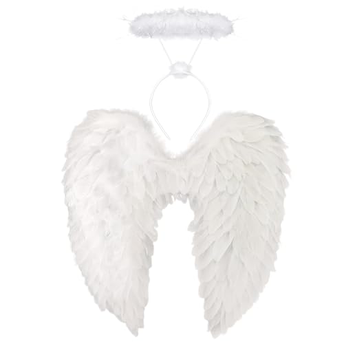 GWAWG Weiße Engelsflügel und Heiligenschein, gefallene Fee Federflügel Halloween Kostüme für Frauen Mädchen, Weihnachtsfeier Verkleidung Karneval Maskerade Dekoration von GWAWG