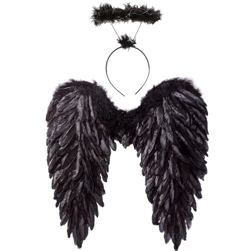 GWAWG schwarze Engel Flügel und Halo, Dämon Kostüm, vergrößerte Feder gefallene Flügel und Engel Halo Stirnband für Halloween Karneval Masquerade Festival, Party Outfit für erwachsene Kinder von GWAWG