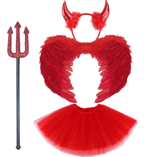 MUNSKT Roter Teufel Kostüm mit Flügeln Hörner Gabel Tutu Rock, Halloween gefallenen Engel Outfit, Frauen Mädchen Halloween Cospaly Party Fancy Kleid Maskerade Karneval Dekoration von GWAWG