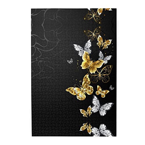 Gold Weiß Schmetterlinge Schwarz Puzzle 1000 Teile Bild Puzzles für Erwachsene, Dekompressionsgeschenk, Familiendekor-Puzzle von GWINDI
